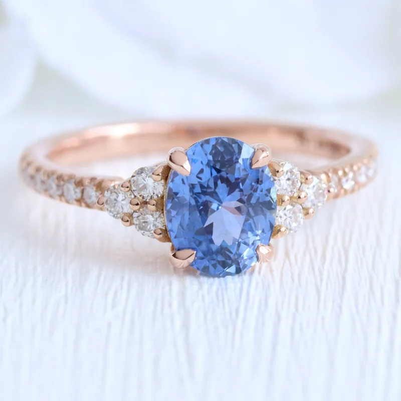 1.97 Ct. Oval Ceylon Blue Sapphire Ring in 14k Rose Gold 3 Stone Diamond Ring, Size 6.5