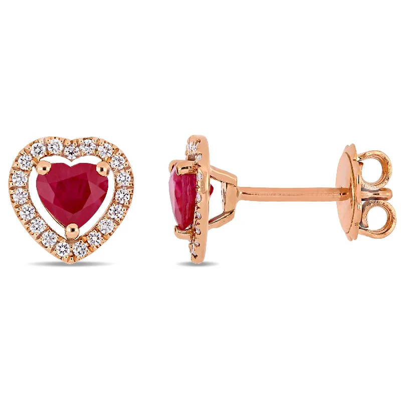 Miadora 14k Rose Gold Ruby and 1/5ct TDW Diamond Heart Halo Stud Earrings