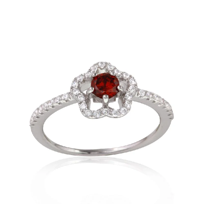 Rhodium Plated 925 Sterling Silver Clover Micropave Ring with Red Center CZ and Clear Round CZ - BGR01120RED