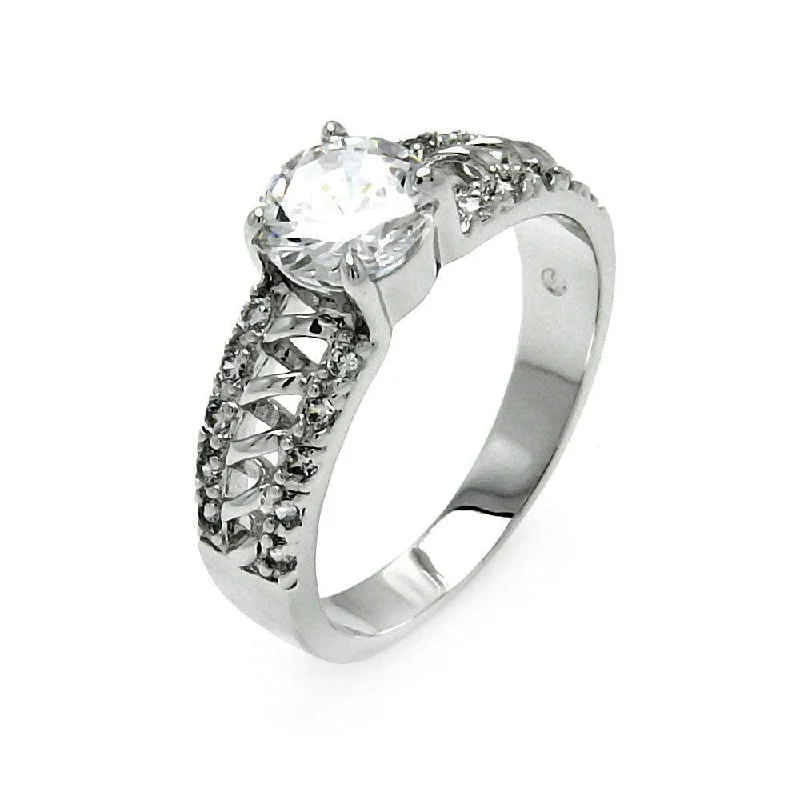 Silver 925 Rhodium Plated Clear Round Center CZ Spiral Bridal Ring - BGR00526