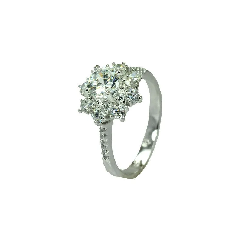 Silver 925 Rhodium Plated Clear Round Center Micro Pave Set CZ Flower Bridal Ring - BGR00732