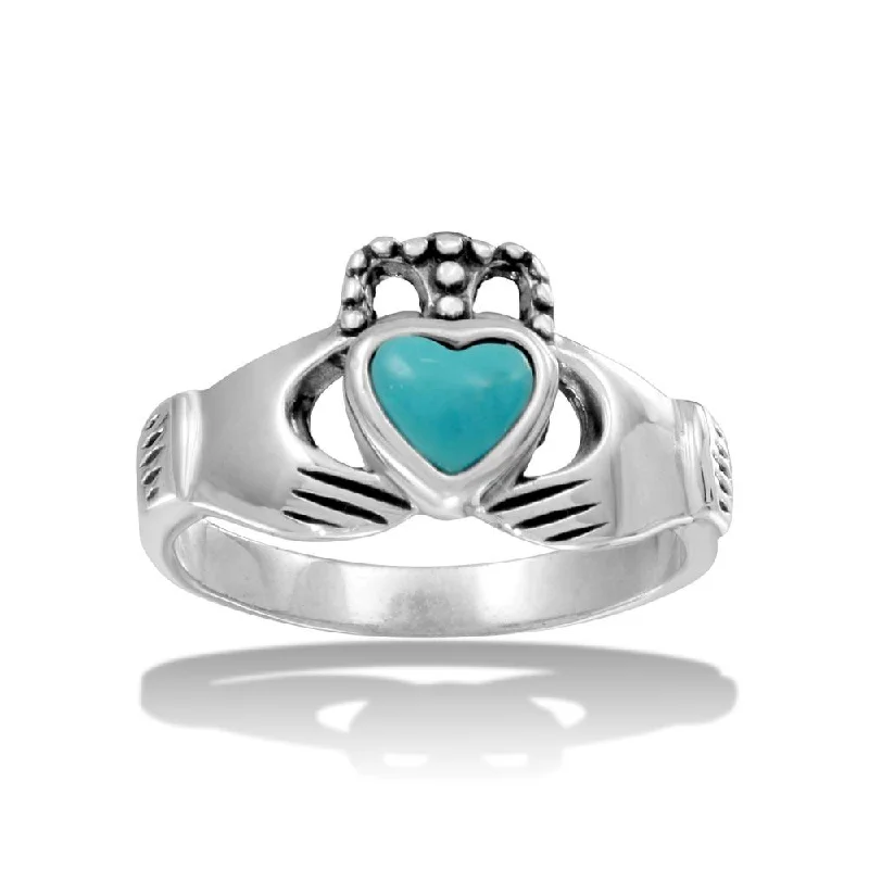 High Polished 925 Sterling Silver Claddagh Ring with Turquoise Heart - CR00734TRQ