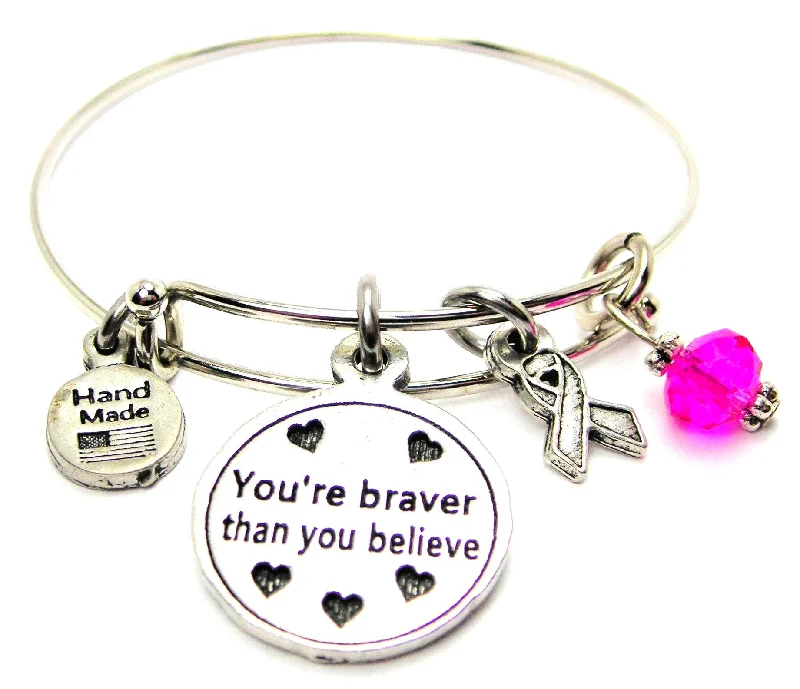 You're Braver Than You Believe With Awareness Ribbon Bangle Bracelet