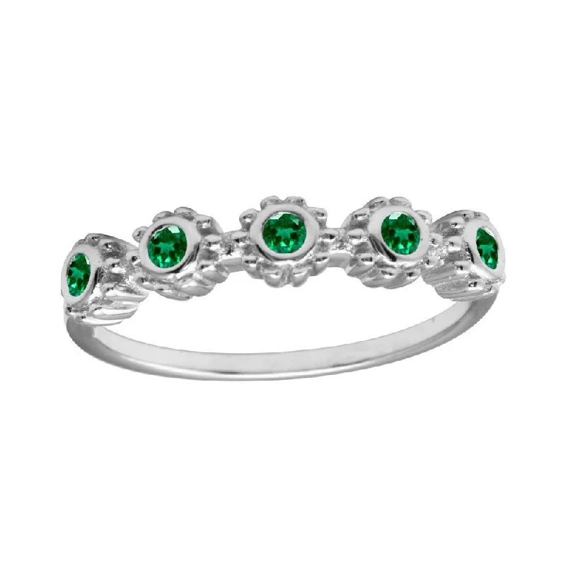 Rhodium Plated 925 Sterling Silver 5 Flower Green CZ Ring - BGR01224GRN