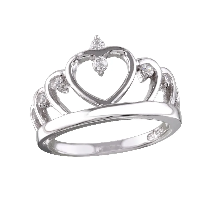 Rhodium Plated 925 Sterling Silver Heart Crown Ring with CZ - BGR01160