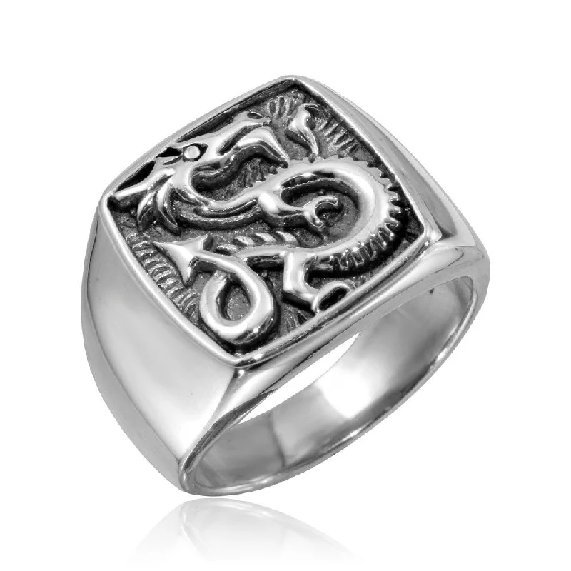 High Polished 925 Sterling Silver Square Dragon Ring - CR00797