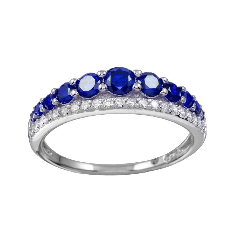 Rhodium Plated 925 Sterling Silver Blue and Clear CZ Stones Ring - BGR01175BLU