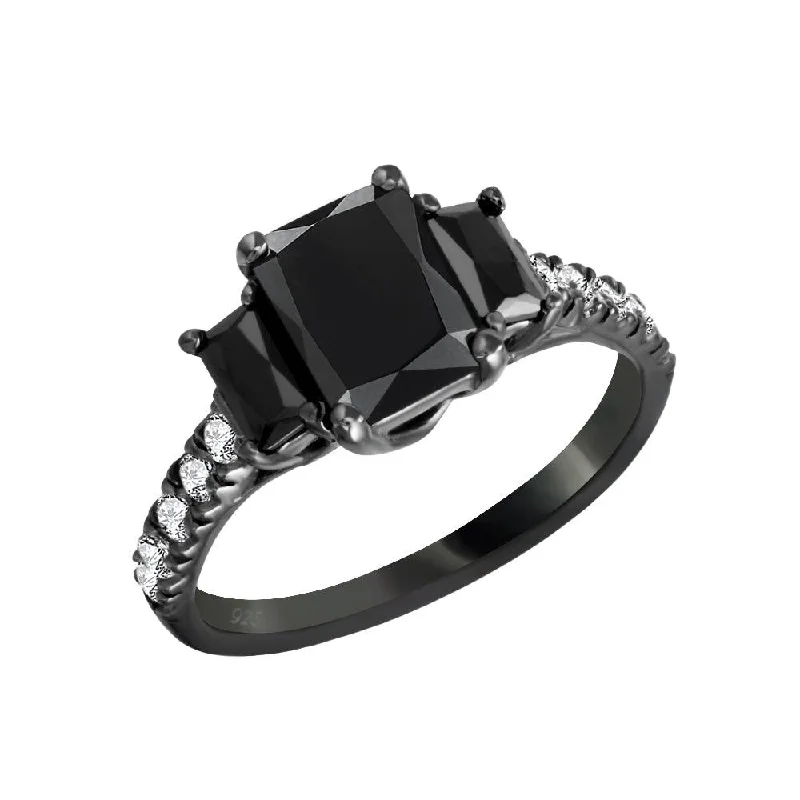 Black Rhodium Plated 925 Sterling Silver Black and Clear CZ Past Present Future Ring - ACR00003BLK