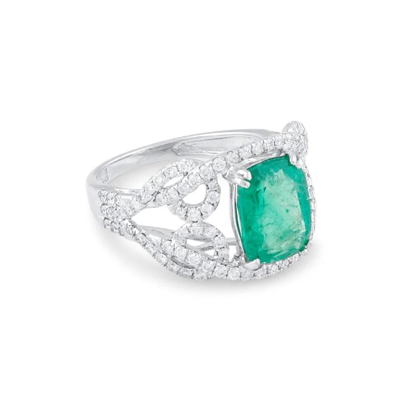 Emerald Rectangle & Diamond Ring In 18K White Gold