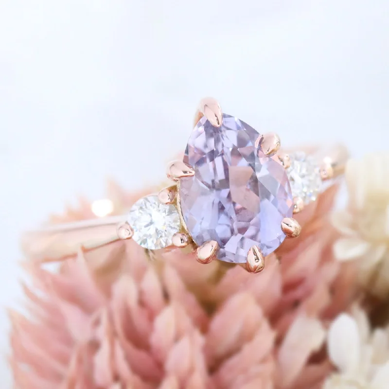 1.98 Ct Pear Lavender Sapphire Ring in 14k Rose Gold 3 Stone Diamond Ring, Size 6