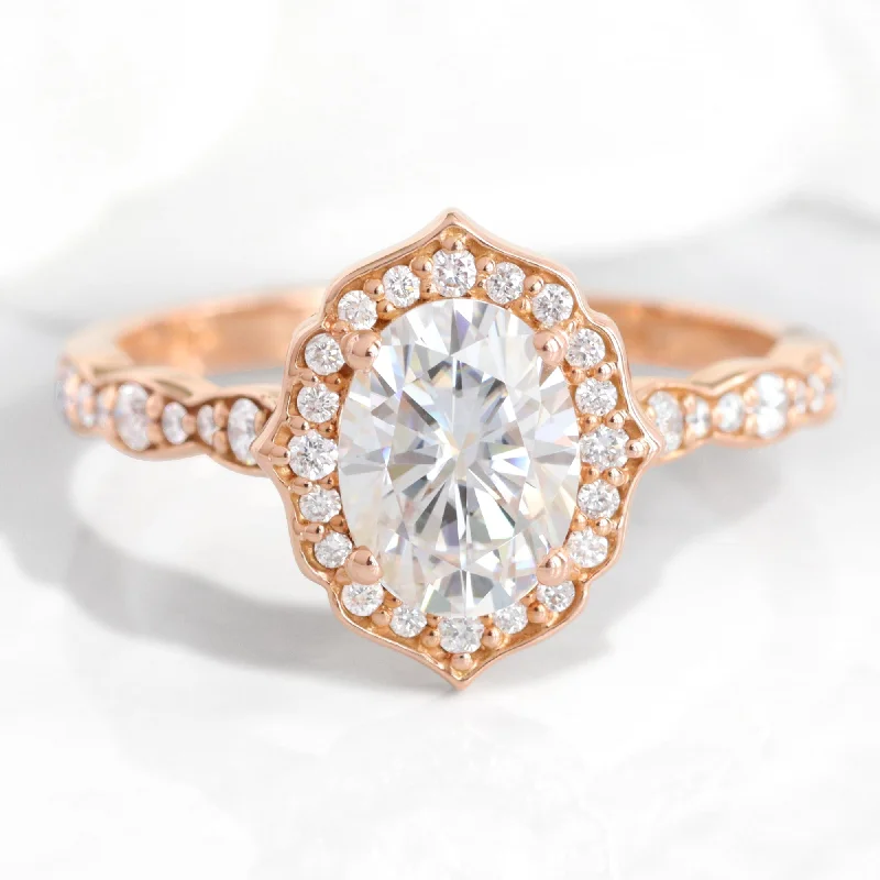 Oval Moissanite Diamond Ring in 14k Rose Gold Vintage Floral Band, Size 7