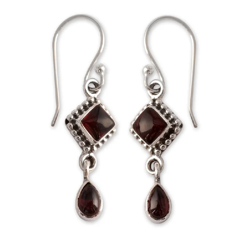 Handmade Sterling Silver Fire of Love Red Garnet Dangling Earrings (India)