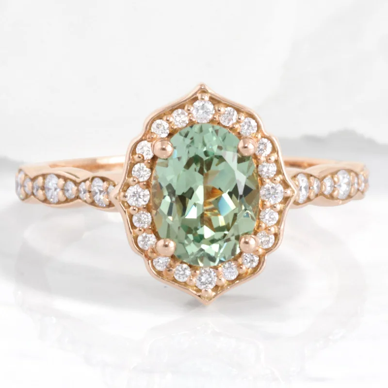 Oval Green Sapphire Diamond Ring in 14k Rose Gold Vintage Floral Ring Size 6.25