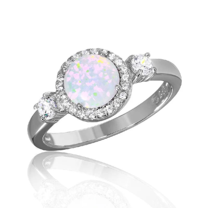 Silver 925 Rhodium Plated Halo Ring with Synthetic Opal and CZ - BGR01045