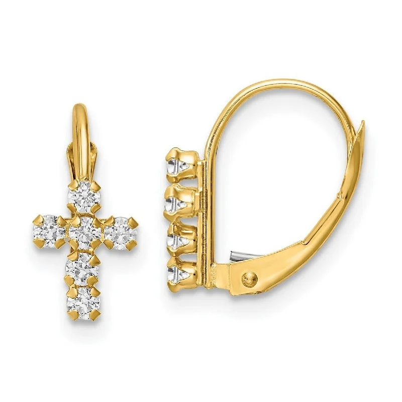 Curata 14k Gold CZ Cubic Zirconia Polished Leverback Religious Faith Cross Earrings - 13x6.7mm Wide