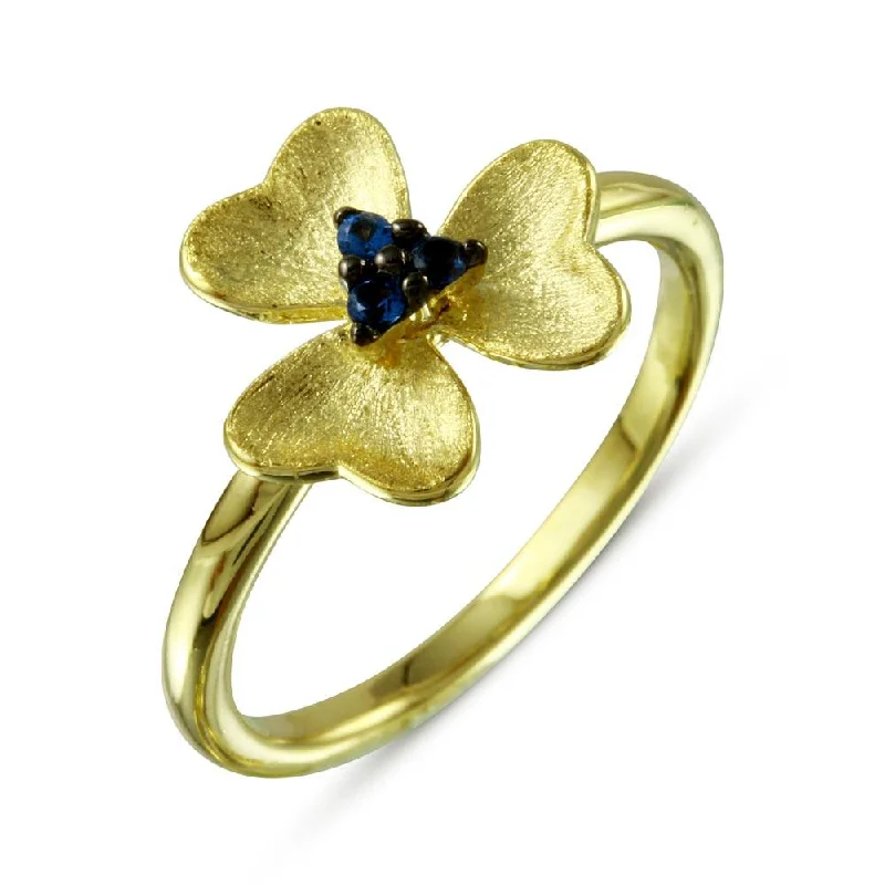 Gold Plated 925 Sterling Silver and Matte Finish Flower Ring with Blue CZ - BGR01110