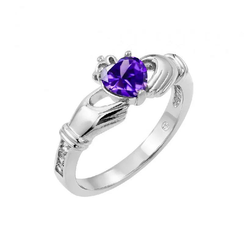 Silver 925 Rhodium Plated Purple Heart CZ Claddagh Ring - BGR00491PUR