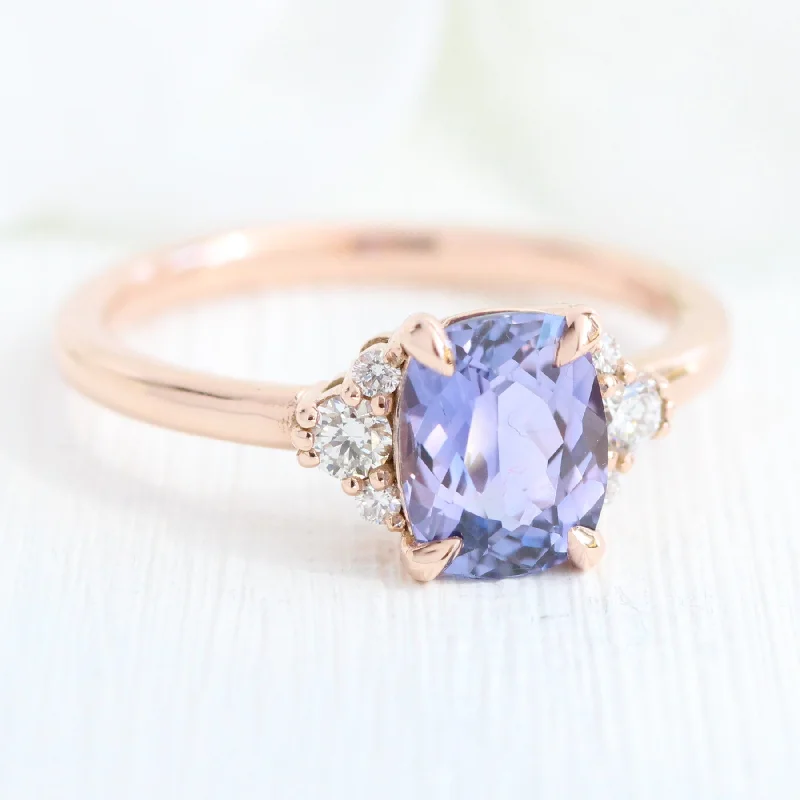 1.84 Ct. Cushion Lavender Sapphire Ring in 14k Rose Gold 3 Stone Diamond Ring, Size 6