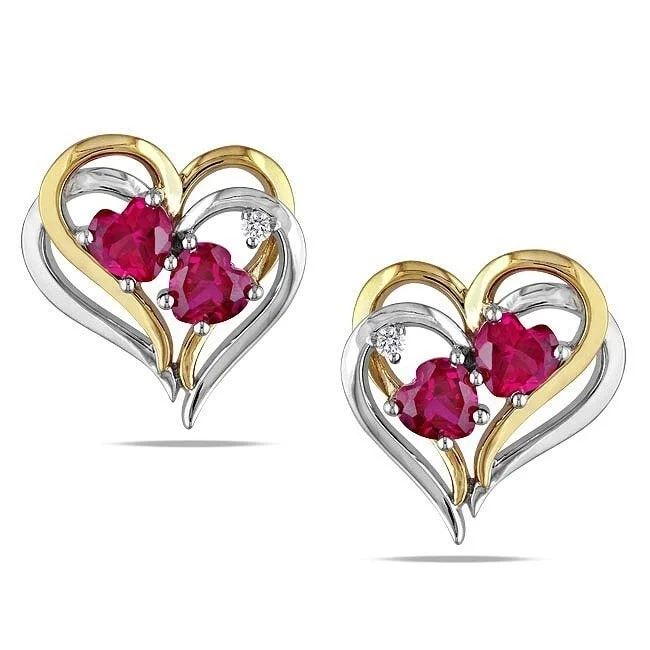 Miadora Yellow Sterling Silver Created Ruby Diamond Heart Earrings (H-I, I2-I3)