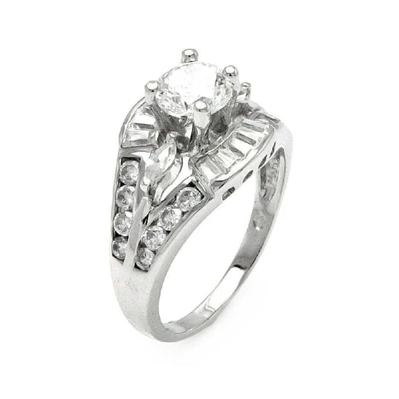 Silver 925 Rhodium Plated Clear Round and Baguette CZ Bridal Ring - BGR00533