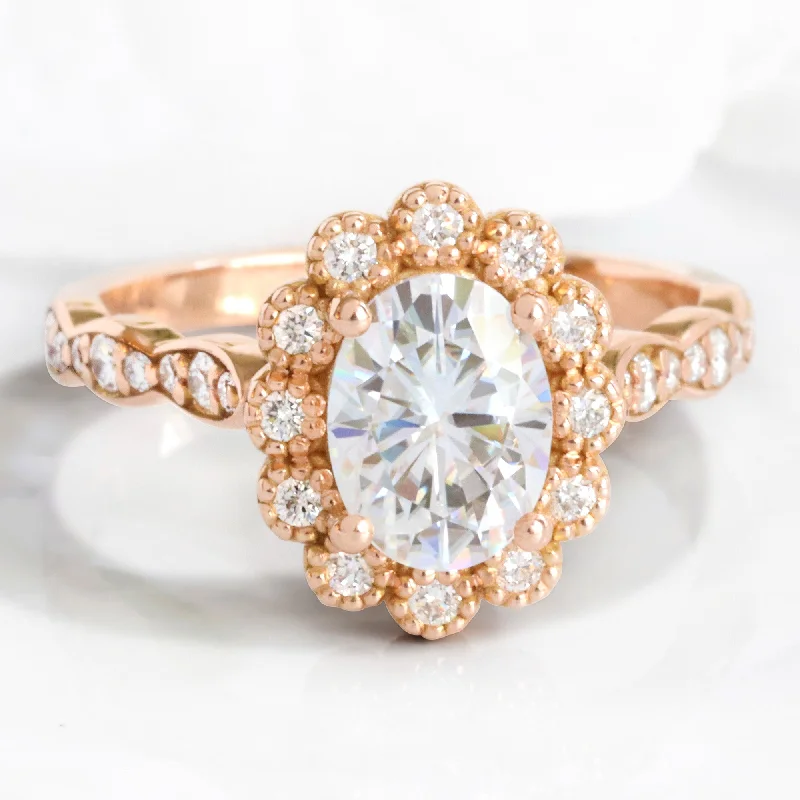 Oval Moissanite Diamond Ring in 14k Rose Gold Vintage Luna Halo, Size 6