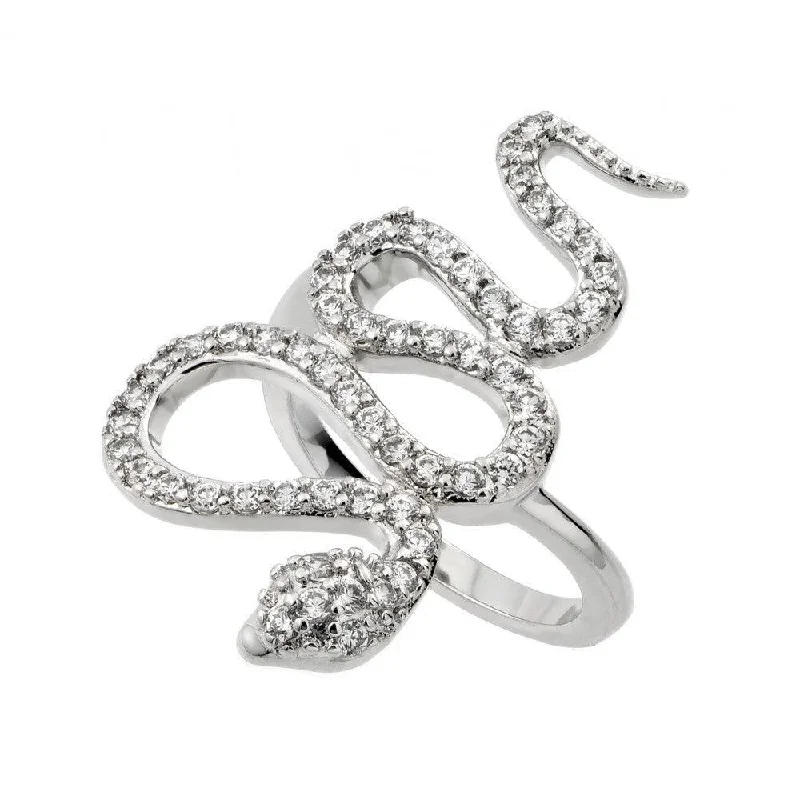 Silver 925 Rhodium Plated Clear CZ Snake Ring - BGR00846