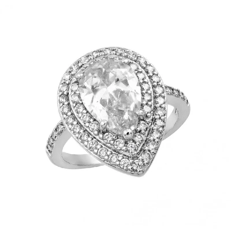 Silver 925 Rhodium Plated Clear Center and Cluster CZ Teardrop Ring - BGR00887CLR