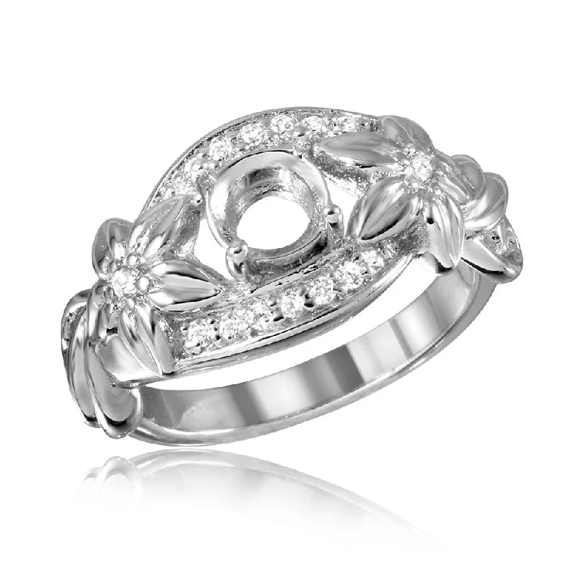 Silver 925 Rhodium Plated Flower Shank Single Stone Mounting Ring - BGR00815