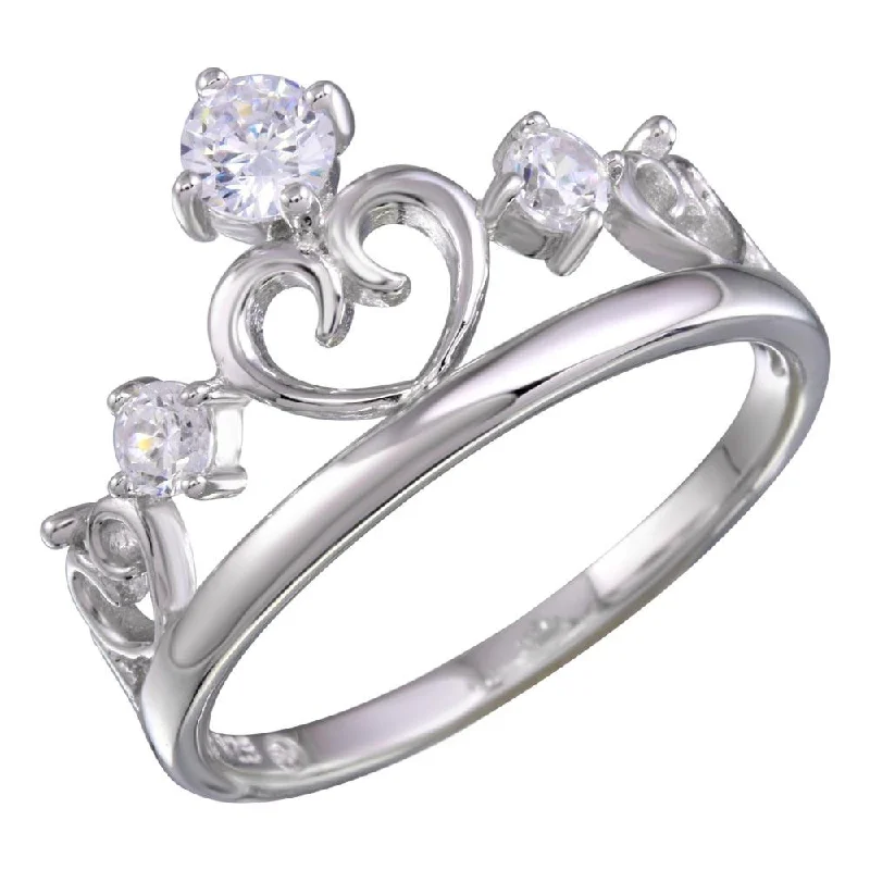 Rhodium Plated 925 Sterling Silver Heart Crown Ring with CZ - BGR01157