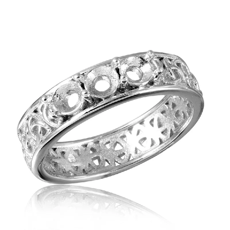 Silver 925 Rhodium Plated Celtic Designed Band 3 Stones Mounting Ring - BGR00829