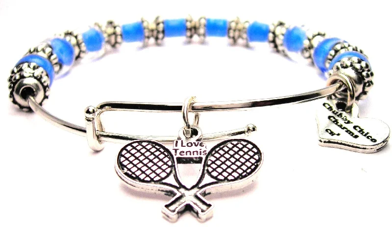 I Love Tennis With Crossed Racquets 9mm Glass Beaded Single Bracelet