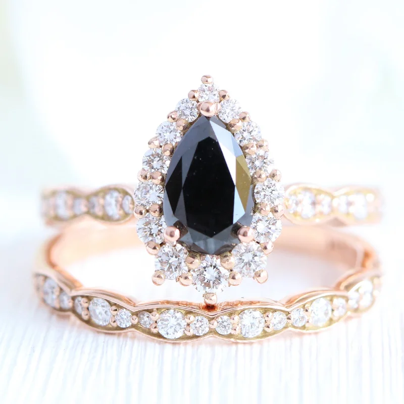 Tiara Halo Pear Black Diamond Ring Set w/ Matching Diamond Scalloped Wedding Band