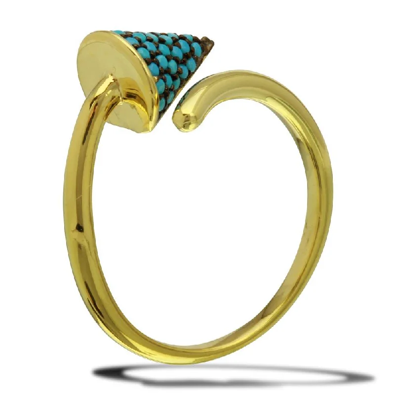 Gold Plated 925 Sterling Silver Open End Cone Ring with Turquoise Beads - BGR01114