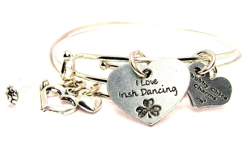 I Love Irish Dancing Heart With Shamrock Expandable Bangle Bracelet Set