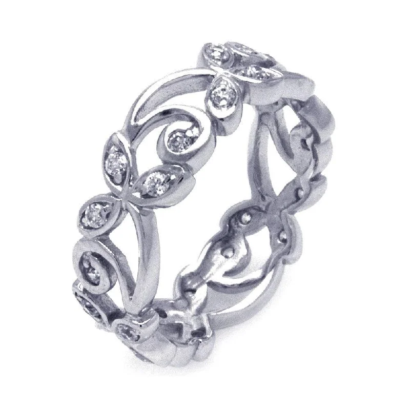 Silver 925 Rhodium Plated CZ Flower Eternity Ring - STR00786