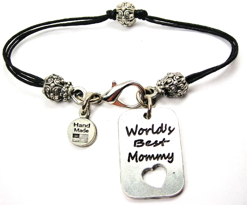 World's Best Mommy Dog Tag Beaded Black Cord Bracelet