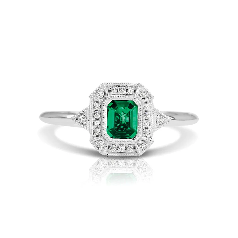 14K White Gold Emerald and Diamond Ring