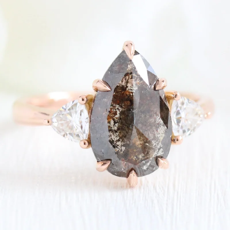 Large Pear Salt and Pepper Diamond Ring in 14k Rose Gold 3 Stone Ring, Size 6