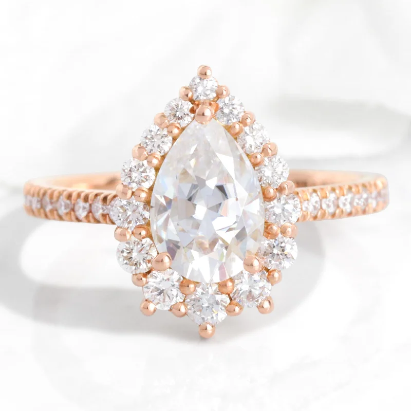 Large Pear Moissanite Diamond Ring in 14k Rose Gold Tiara Halo Pave Band, Size 6.25