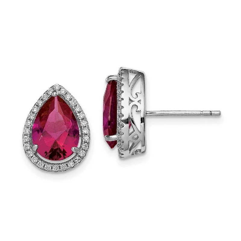 Curata 925 Sterling Silver Polished Created Ruby and CZ Cubic Zirconia Post Earrings - 14x11mm Wide