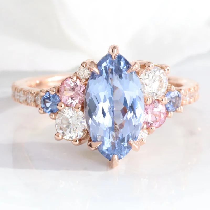 3.10 Ct Marquise Blue Sapphire Ring in 14k Rose Gold Cluster Diamond Ring Size 6.5