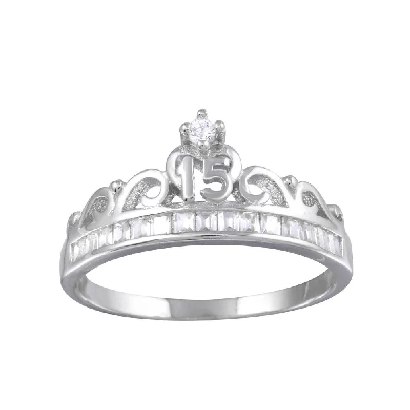 Rhodium Plated 925 Sterling Silver Crown 15 Ring with CZ - TMR00006