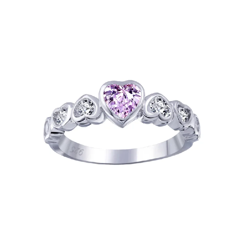 Silver 925 Rhodium Plated Pink Center CZ Heart Ring - BGR00014P