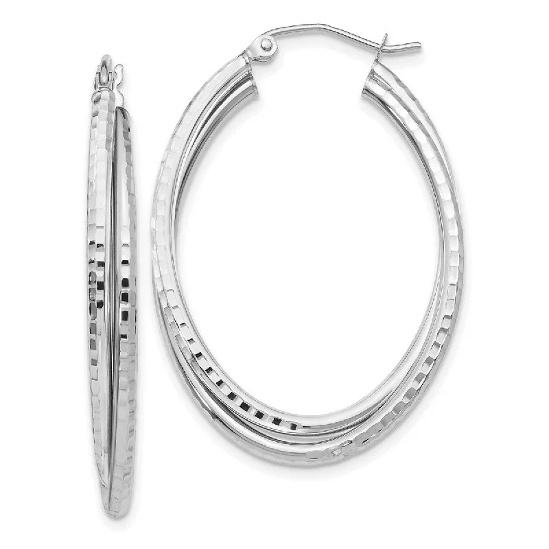 Curata 14k White Gold Sparkle Cut 3x37mm Oval Hoop Earrings