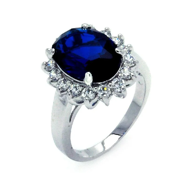 Silver 925 Rhodium Plated Blue and Clear Cluster CZ Flower Ring - BGR00323