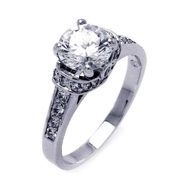 Silver 925 Rhodium Plated Channel Set Clear Round Center CZ Bridal Ring - BGR00397