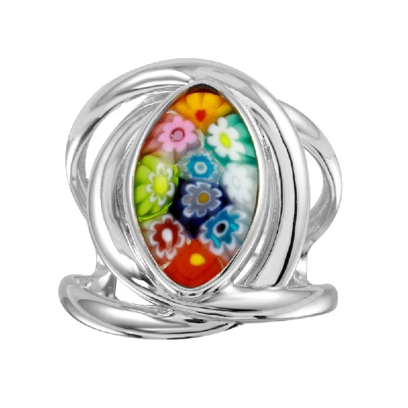 Rhodium Plated 925 Sterling Silver Open Shank Oval Shape Murano Glass Ring - MR00008