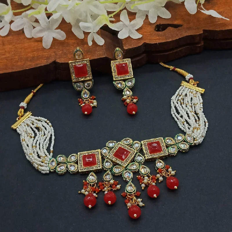 Gehana Mahal Gold Plated Austrian Stone And Pearls Choker Necklace Set