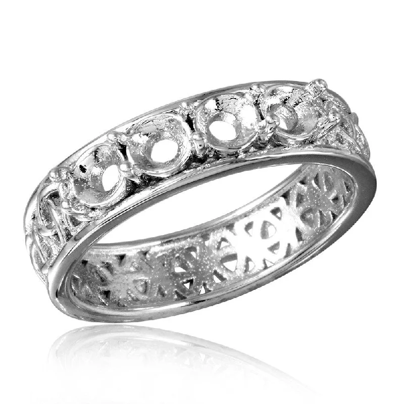 Silver 925 Rhodium Plated Celtic Designed Band 4 Stones Mounting Ring - BGR00830