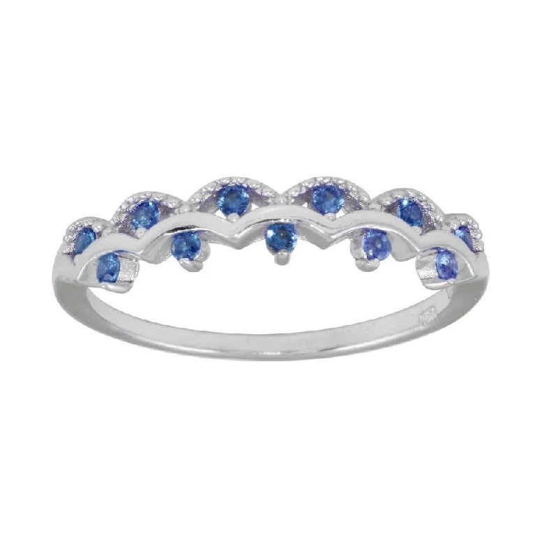 Rhodium Plated 925 Sterling Silver Wavy Ring with Blue CZ - BGR01239BLU